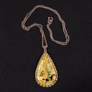 Pendant and Silver Chain Near East Hand Painted Mother of Pearl Double-Sided VTG